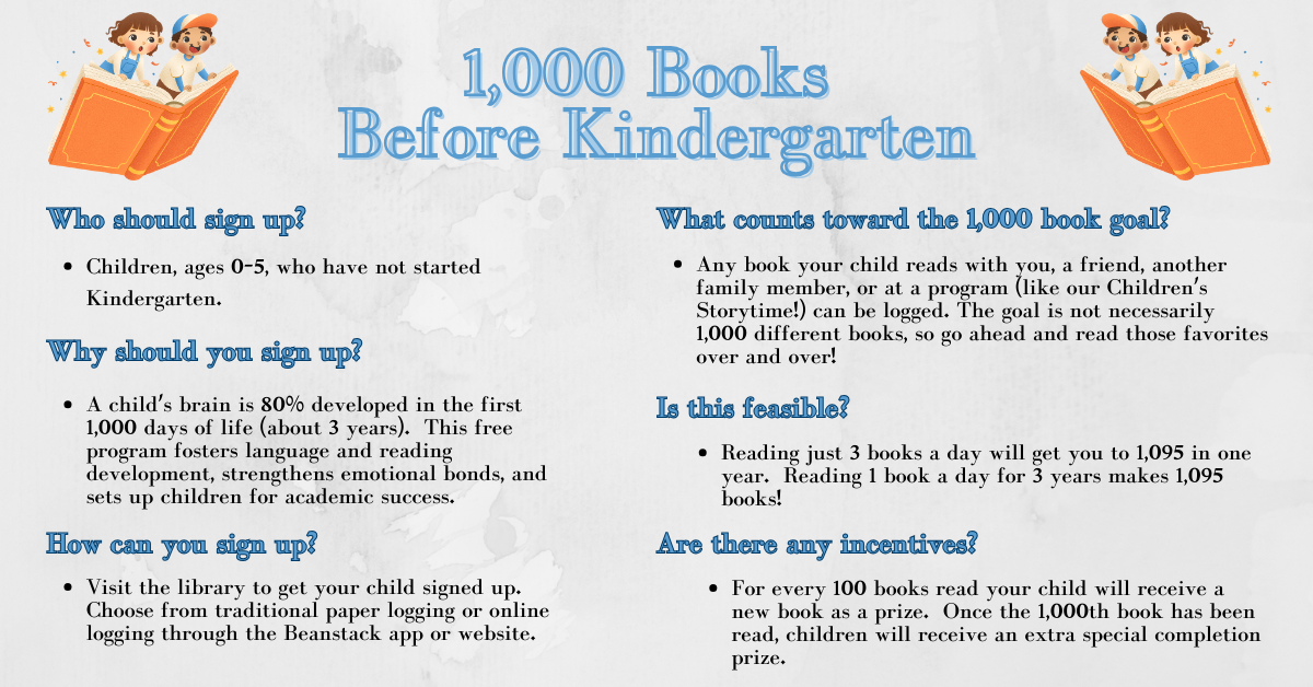 Sign you preschooler up for the 1000 books before kindergarten program.  Visit the library to get your child signed up.  Choose from traditional paper logging or online logging through the Beanstack app or website.