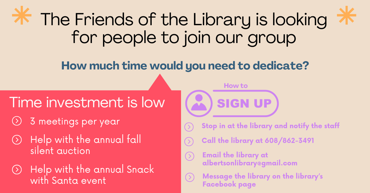 The Friends of the Library is looking for people to join our group